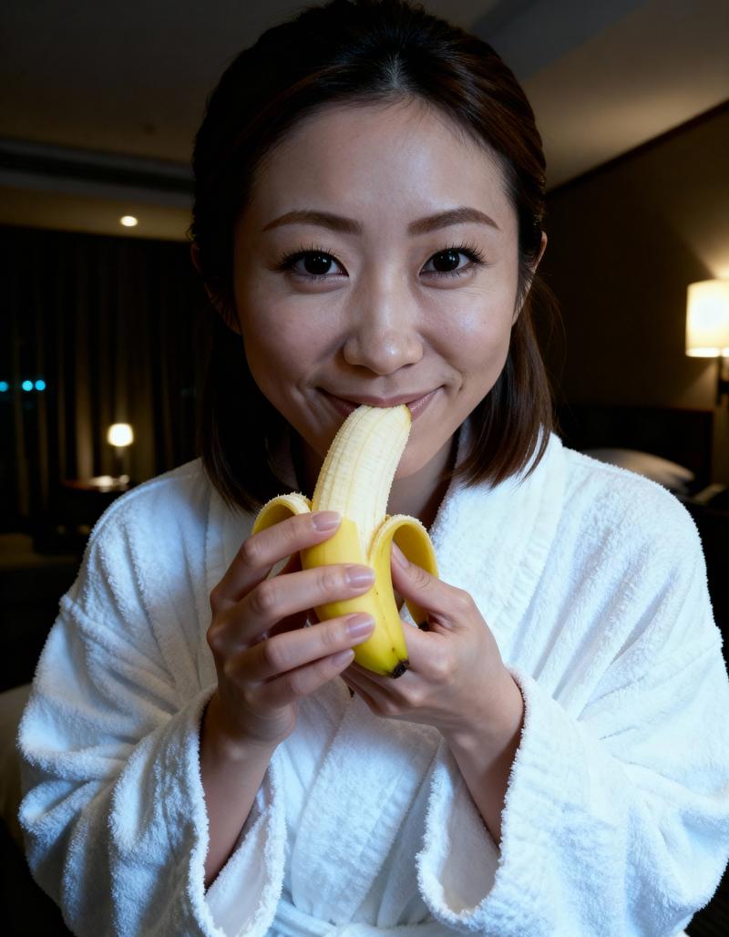 白いバスローブを着た若い女性がバナナを顔の前に持って幸せそうに微笑んでいる様子を、ク...。