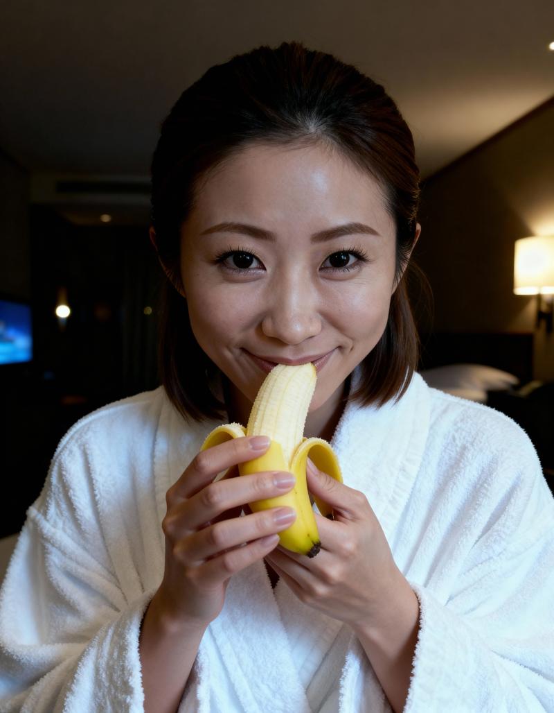 白いバスローブを着た若い女性が口の前にバナナを持ち、カメラに向かって微笑んでいる様子...。