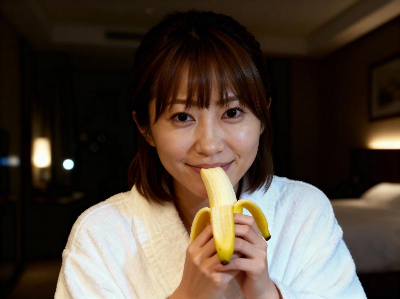 薄暗い部屋でバナナを食べる若い女性をクローズアップ カメラ アングルから写実的に撮影...。