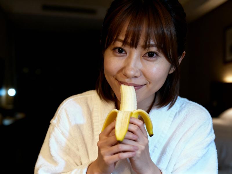 白いローブを着て、皮をむいたバナナを顔の前に持つ、短い茶色の髪の若いアジア人女性の接写。