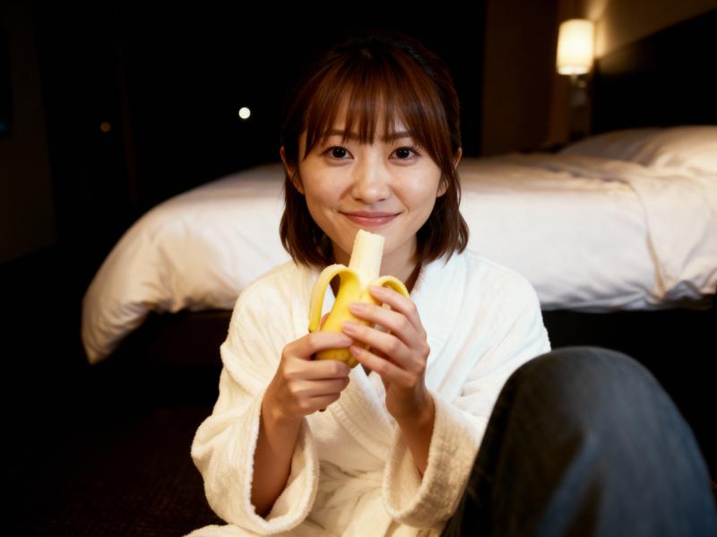 ホテルの部屋のベッドに座り、顔の前にバナナを持っている若い女性。