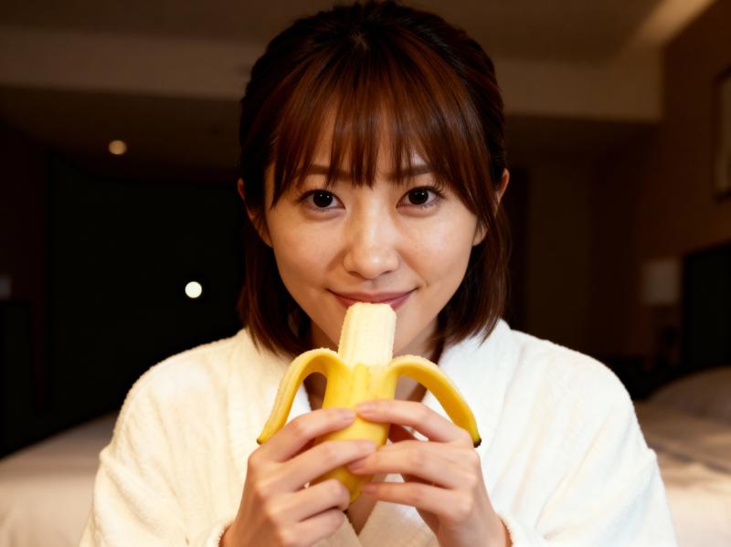 白いローブを着て、皮をむいたバナナを顔の前に持つ、短い茶色の髪のアジア系の若い女性の接写。