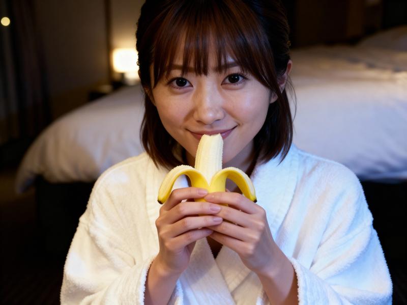 白いバスローブを着た若い女性が皮をむいたバナナを顔の前に持ち、カメラに向かって微笑ん...。