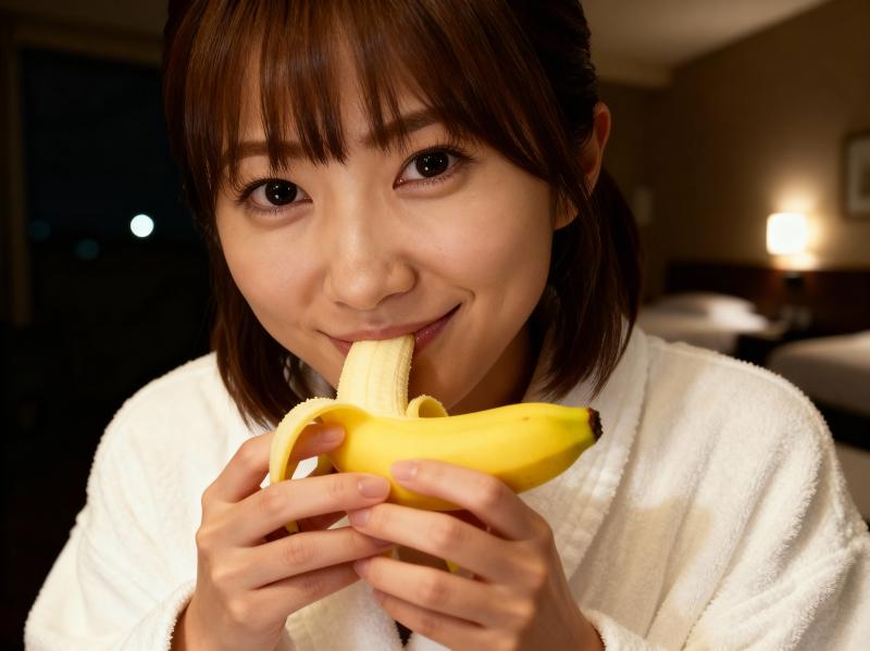 ホテルの部屋でバナナを食べる若い女性をクローズアップ カメラ アングルから写実的に撮...。