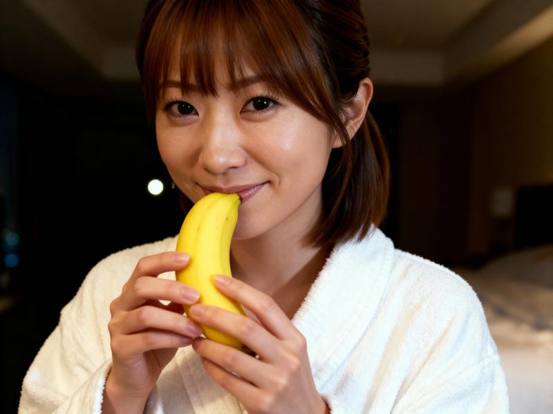 白いバスローブを着た、短い茶色の髪の若い女性が口の前に黄色いバナナを持っている接写写真。