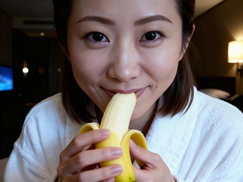 皮をむいたバナナを顔の前に持つ、中性的な表情の若いアジア人女性の接写。