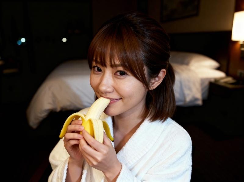 ホテルの部屋でバナナを食べる若い女性を正面カメラのアングルから撮影した写実的な撮影。