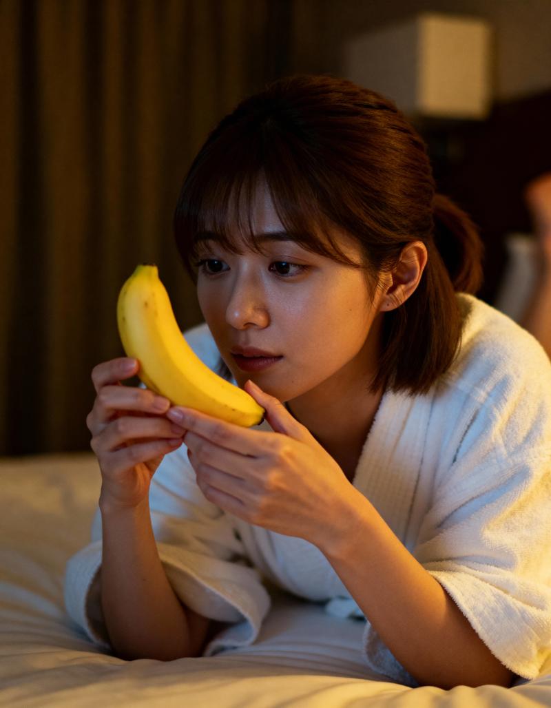 薄暗い寝室の環境で、白いバスローブを着た若い女性が熟したバナナを持っている様子をクロ...。