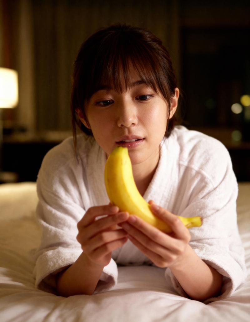 白いバスローブを着た若い女性が顔の前にバナナを持っている様子をクローズアップ カメラ...。