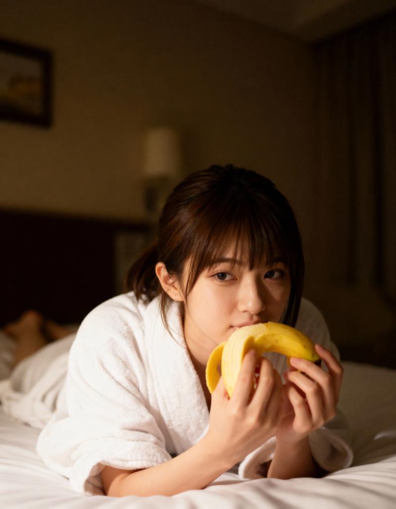 白いバスローブを着た若い女性がベッドに横たわり、バナナを食べている様子を横から撮影し...。