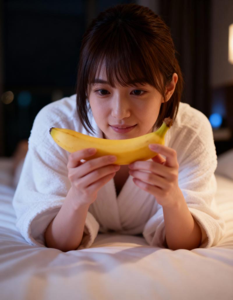 薄暗い寝室のベッドに横たわり、バナナを持った白いバスローブを着た若い女性を正面から写...。