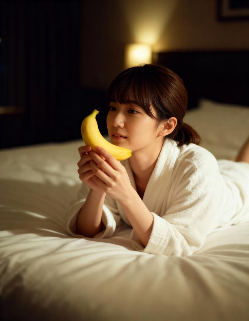白いバスローブを着た若い女性がバナナを手にベッドに横たわっている様子を横から撮影した...。