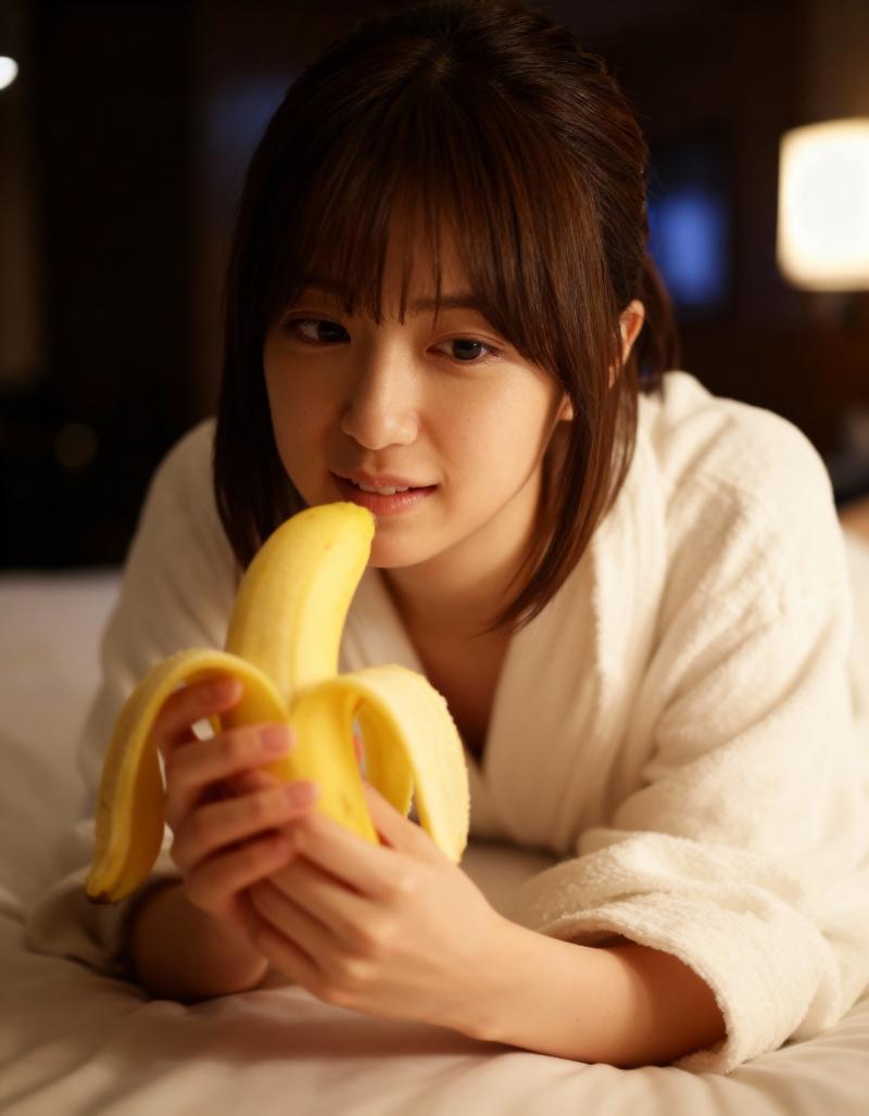 白いバスローブを着た若い女性がベッドに横たわり、バナナを持ち、遊び心のある表情でカメ...。