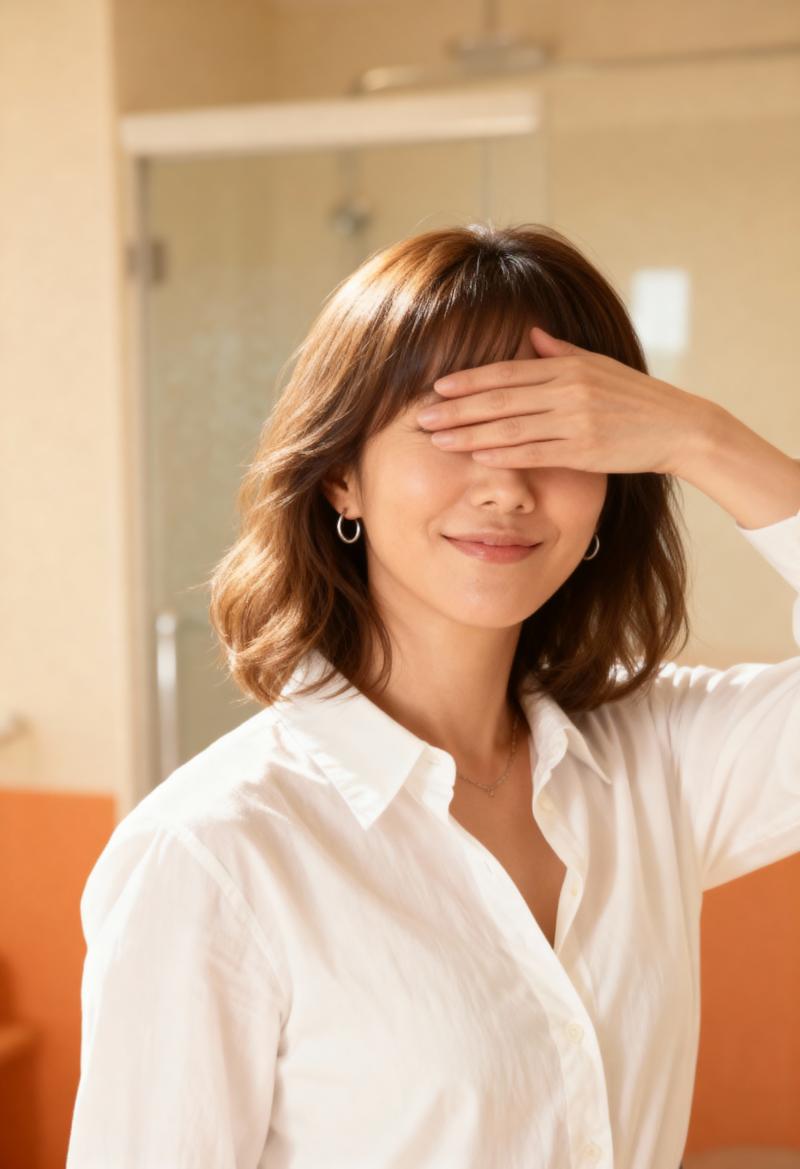 白いボタンダウンシャツを着た女性が右手で目を覆っている様子を、ポートレートカメラのア...。