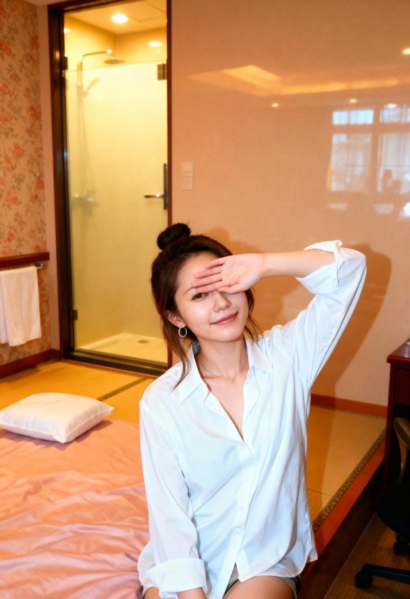 モダンなホテルの部屋のベッドに座り、右手で敬礼する若い女性。