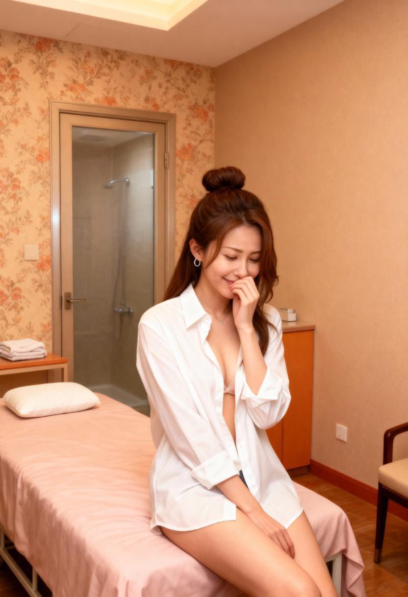 ホテルの部屋のベッドに座り、ボタンが半分外された白いシャツを着て胸の谷間を見せている...。