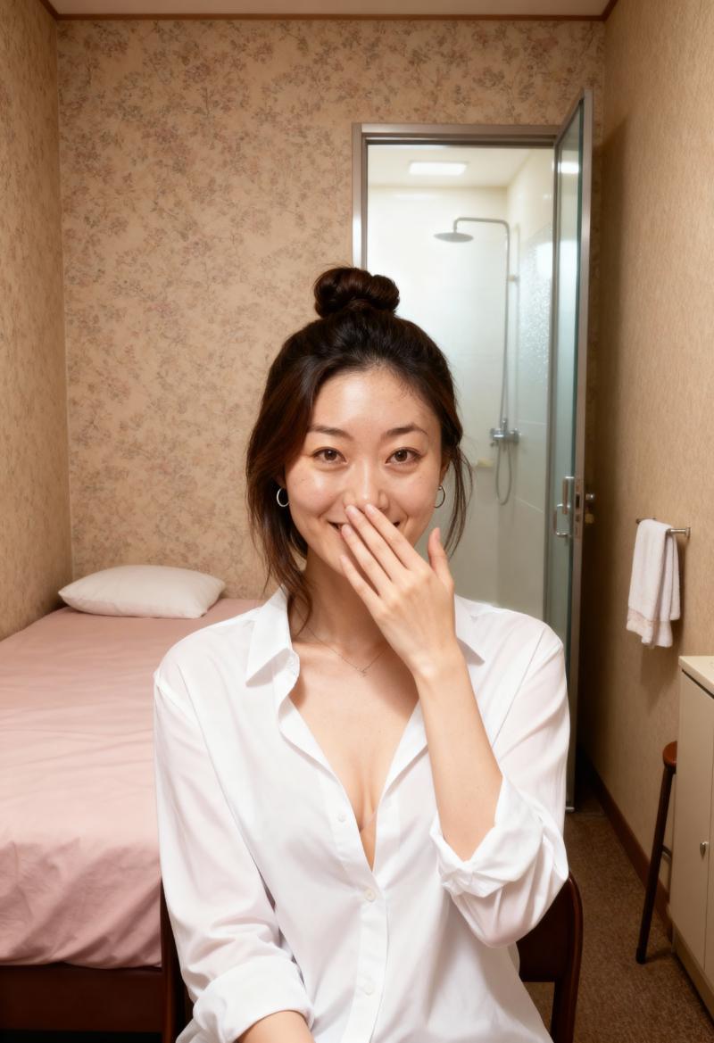 ホテルの部屋に座って口を手で覆っている若い女性を正面カメラのアングルから写実的に撮影...。