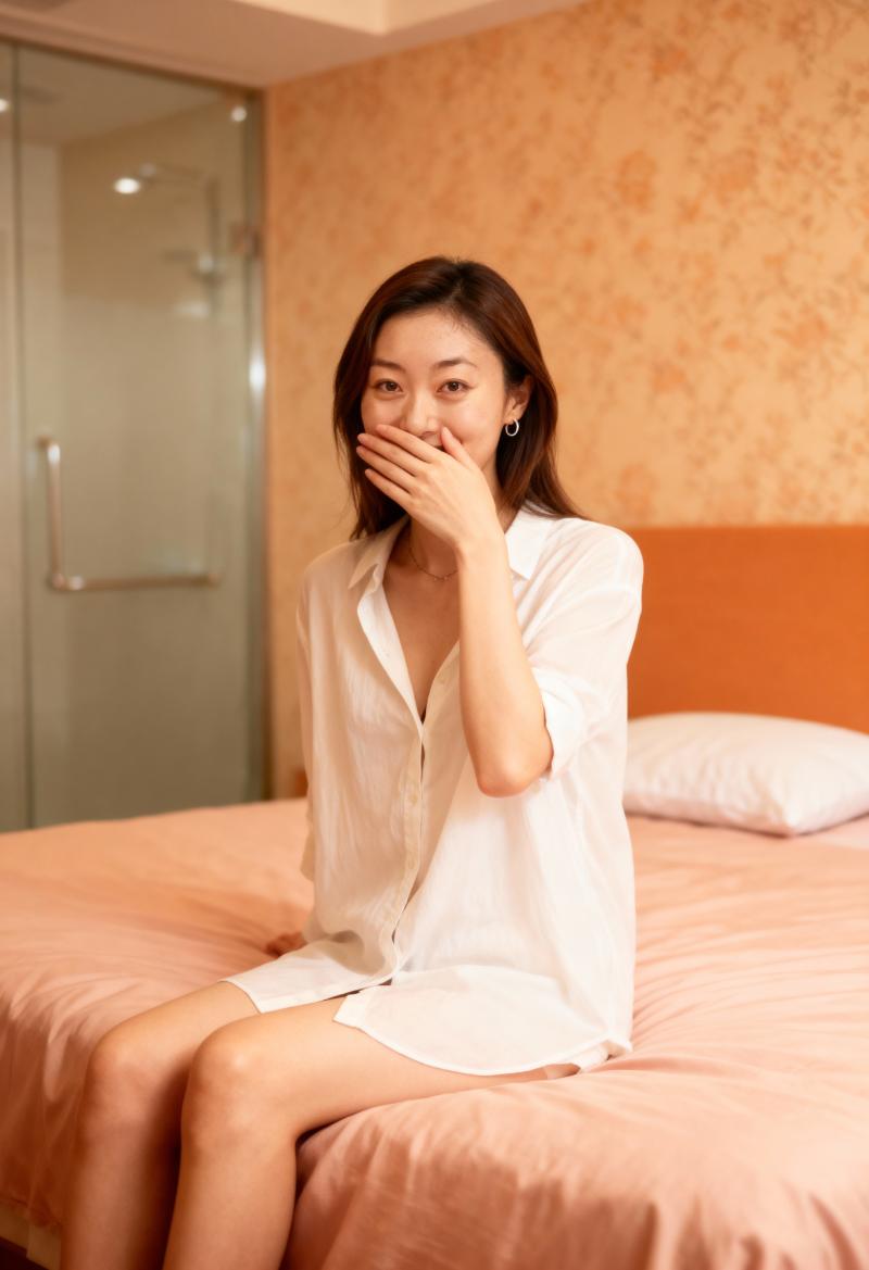 ホテルの部屋のベッドに座り、手で口を覆い、中立的な表情でカメラを直接見つめている若い...。