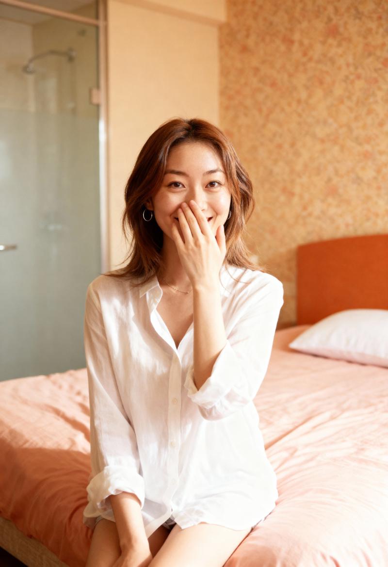 ベッドに座って手で口を覆い、カメラに向かって微笑む若い女性を正面カメラのアングルから...。