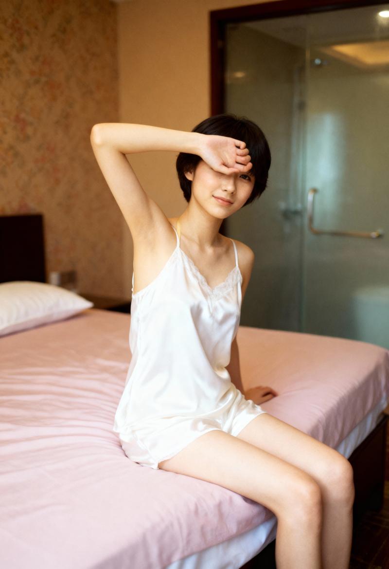 白いスリップ ドレスを着て手で目を覆い、ベッドに座っている若い女性を横から撮影した写...。