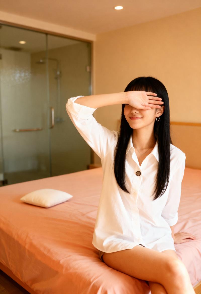 桃色のベッドカバーとガラスの引き戸を背景にした、モダンでシンプルな寝室のベッドに座っ...。