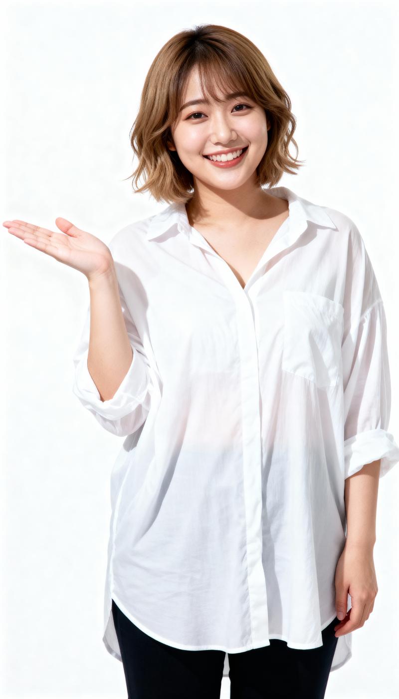 白いボタンダウンシャツと黒いパンツを着て、フレンドリーな笑顔で何かを差し出す若い女性...。