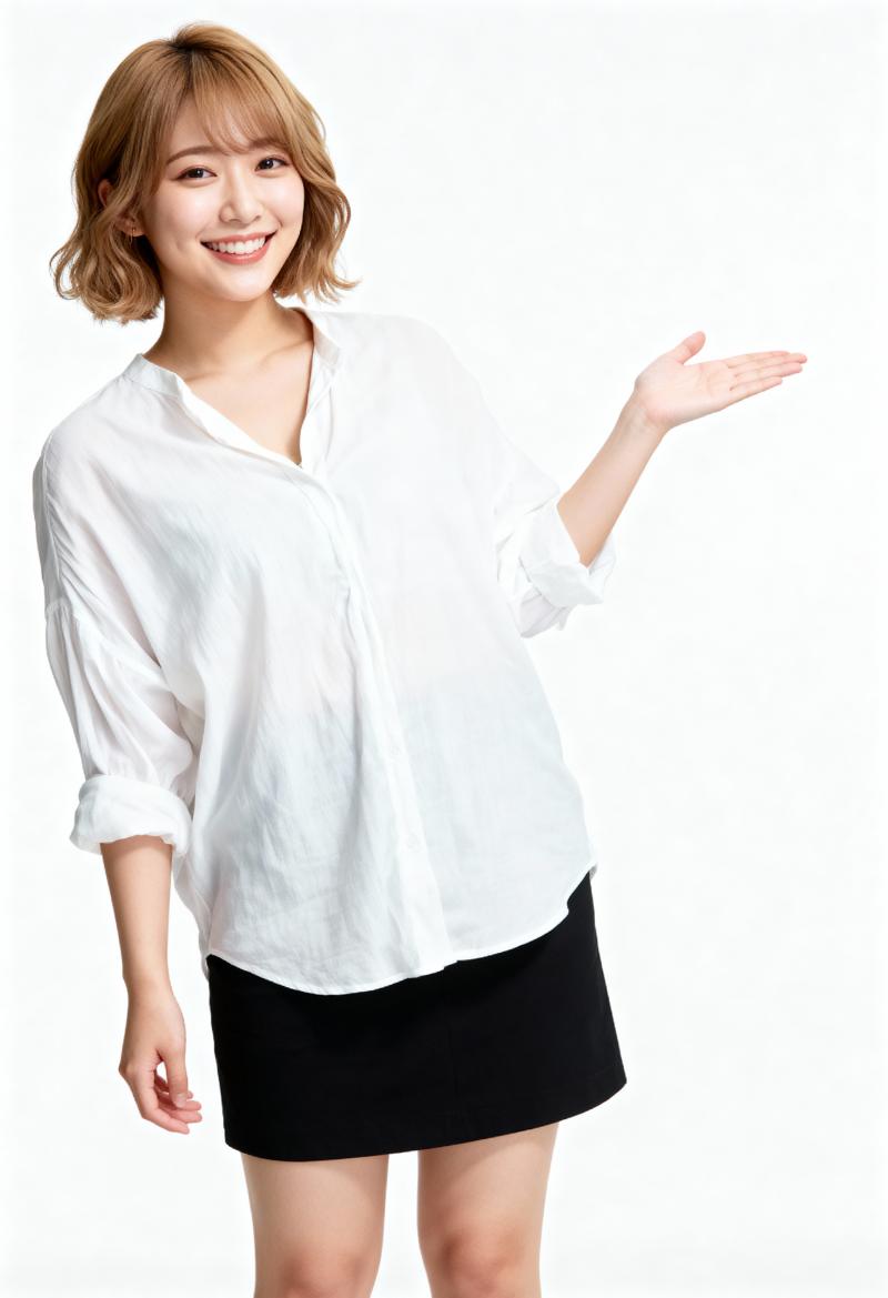 フレームの中央に立ち、フレンドリーな笑顔で何かを提示する若いアジア人女性の、全身カメ...。