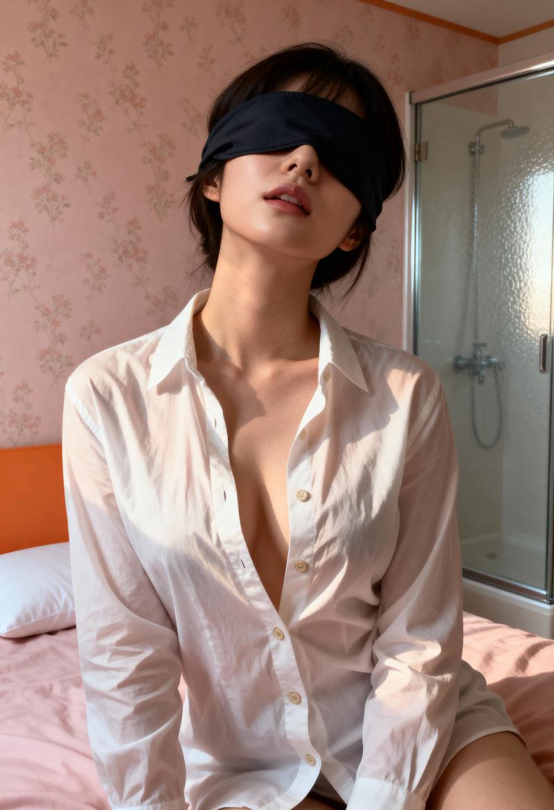 白いボタンダウンのシャツを着て、目隠しをしてベッドに座っている若い女性を正面から写実...。