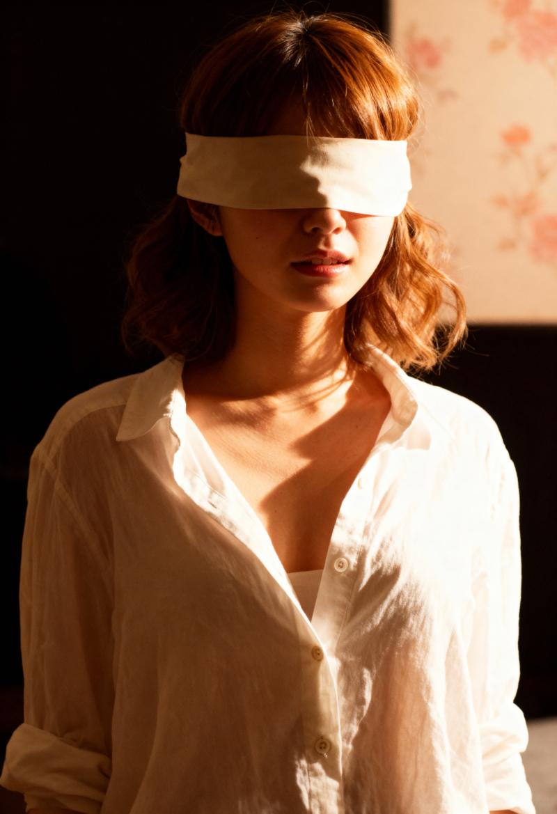 花柄の壁紙を背景にした薄暗い部屋に、白いシャツを着て目隠しをした女性が立っている、正...。