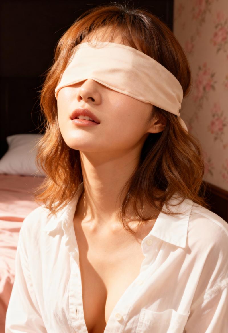 目隠しをして寝室に座る女性を横顔カメラのアングルから写実的に撮影したもの。