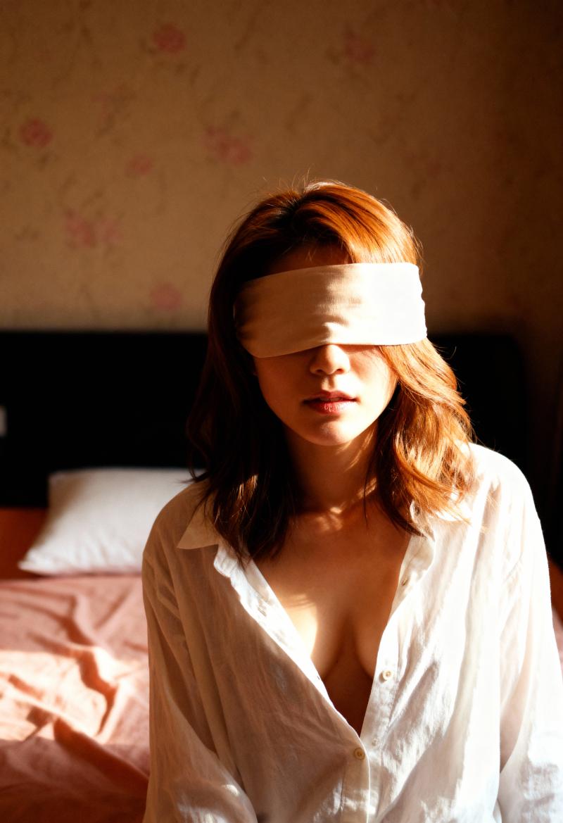 花柄の壁紙が貼られた薄暗い寝室のベッドに座る、目隠しをした女性の正面カメラ アングル...。