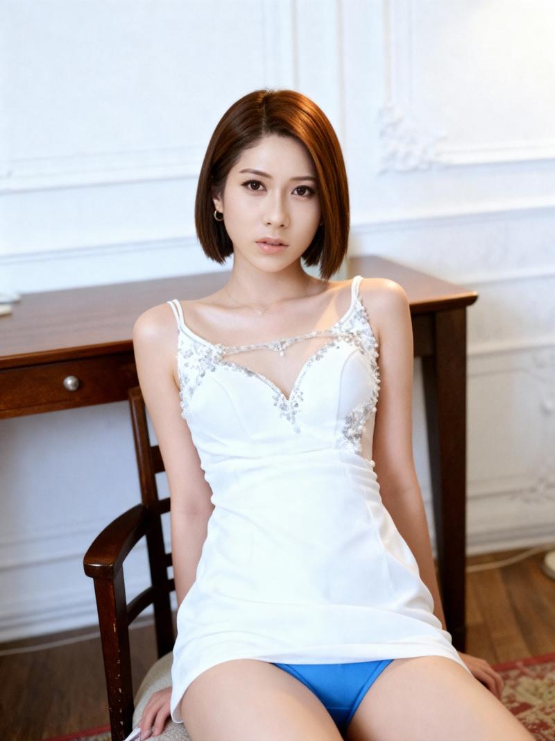 レースのディテールが付いた白いスリップ ドレスと青いパンティーを着て、居心地の良い部...。