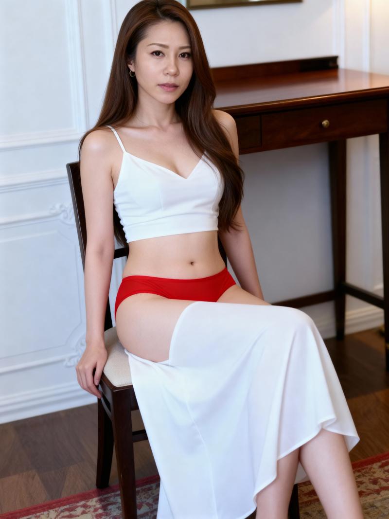 白いクロップトップと長い白いスカートを着て、フォーマルな環境で椅子に座っている若い女...。