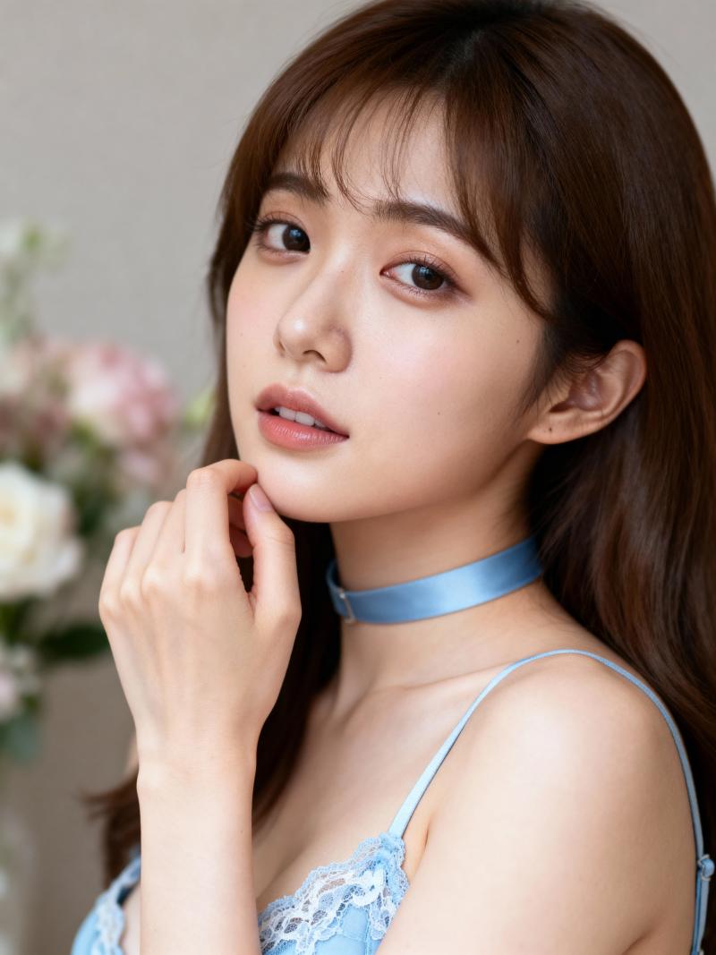 長くストレートな濃い茶色の髪と白い肌を持ち、水色のレースのブラジャーと青いサテンのチ...。