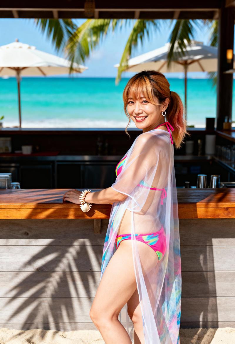 熱帯のビーチのバーに立つ、カラフルなビキニを着た女性を横から撮った写実的な写真。