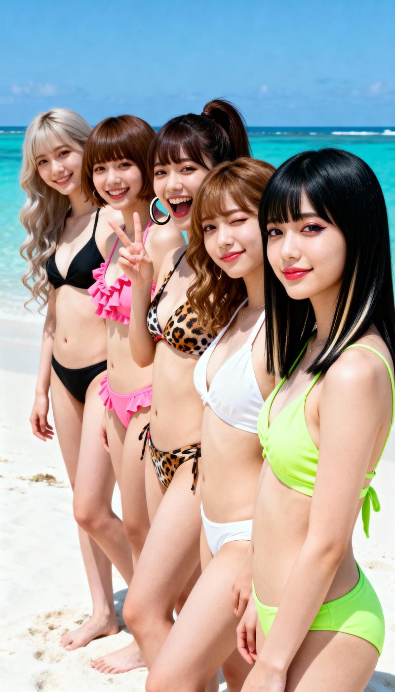 青緑色の水と澄んだ青い空を背景に、晴れたビーチに一緒に立っている 5 人の若い女性の...。