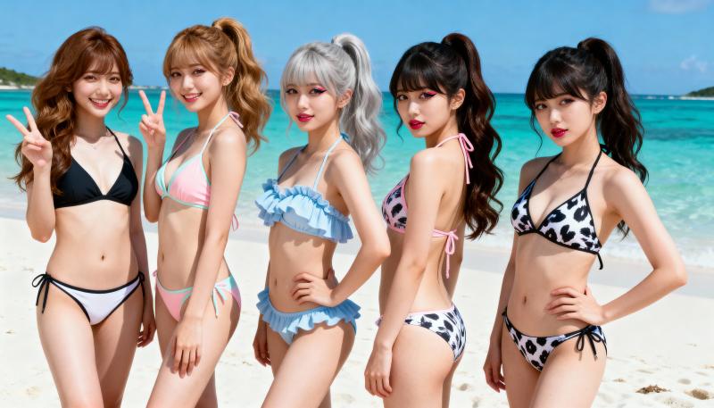 ターコイズブルーの海と澄んだ青い空を背景に、熱帯のビーチで一緒にポーズをとるビキニ姿...。