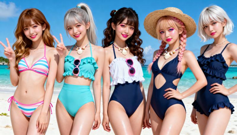 熱帯のビーチで水着姿でポーズをとる 5 人の若い女性のグループを、正面カメラのアング...。