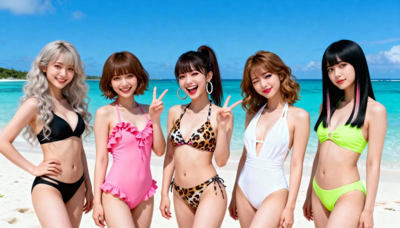 ターコイズブルーの海と澄んだ青い空を背景に、熱帯のビーチに一緒に立っている 5 人の...。