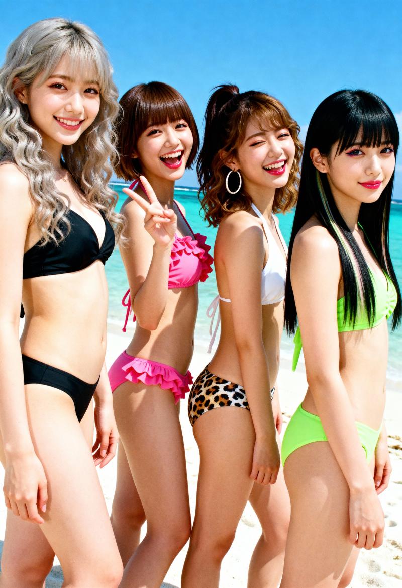 水着を着てビーチに一緒に立ち、カメラに向かって笑顔でポーズをとる 4 人の若い女性を...。