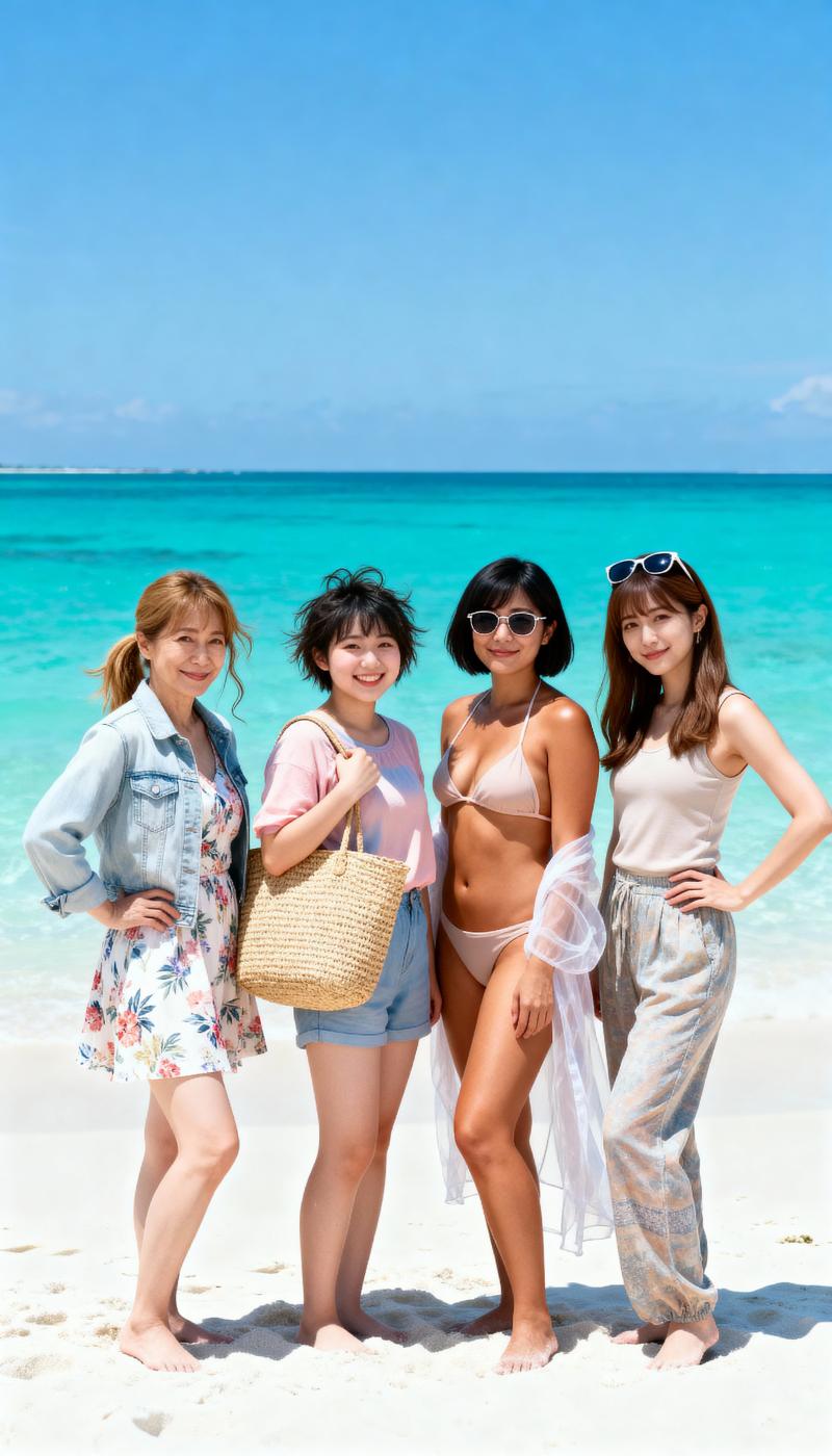 ターコイズブルーの海水と澄んだ青い空を背景に、熱帯のビーチに一緒に立つ 4 人の女性...。