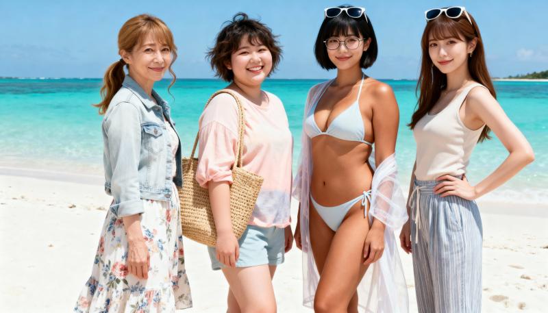 ターコイズブルーの海と澄んだ青い空を背景に、熱帯のビーチに一緒に立っている 4 人の...。