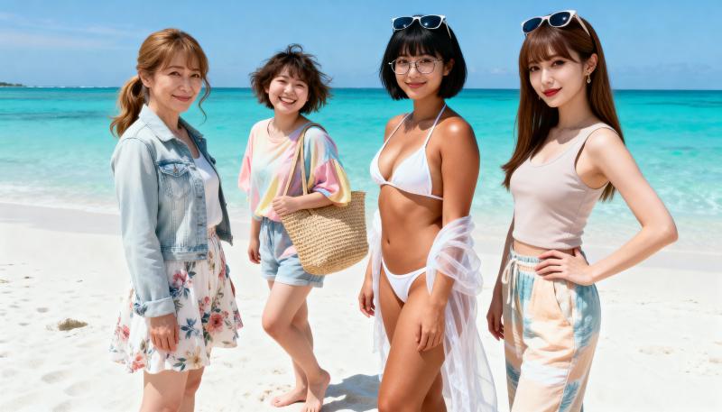 ターコイズブルーの海と澄んだ青い空を背景に、熱帯のビーチに一緒に立っている 4 人の...。