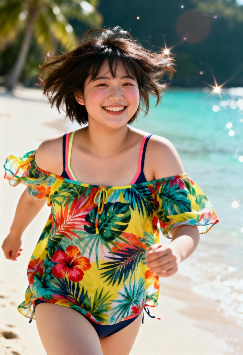 カラフルなトロピカル柄のオフショルダートップスとハイウエストのボトムスを着て、陽気な...。