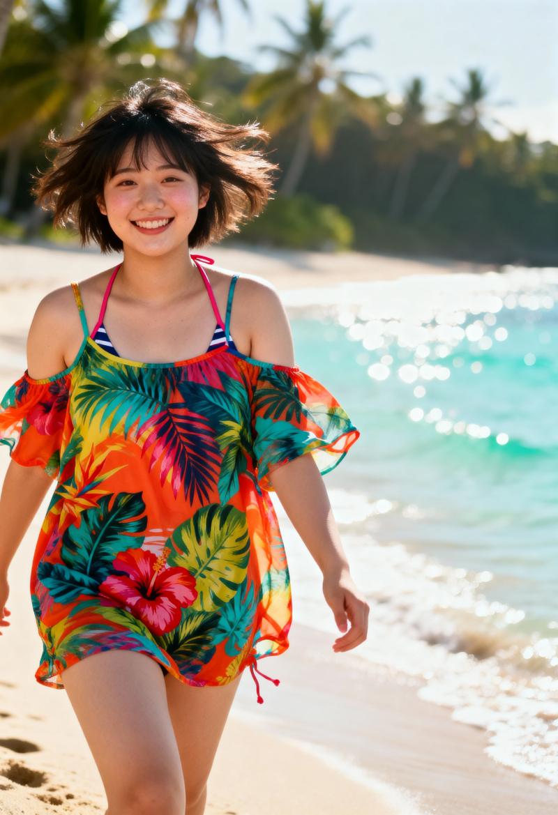 オフショルダーの袖とホルターネックのカラフルなトロピカルプリントのドレスを着て、熱帯...。