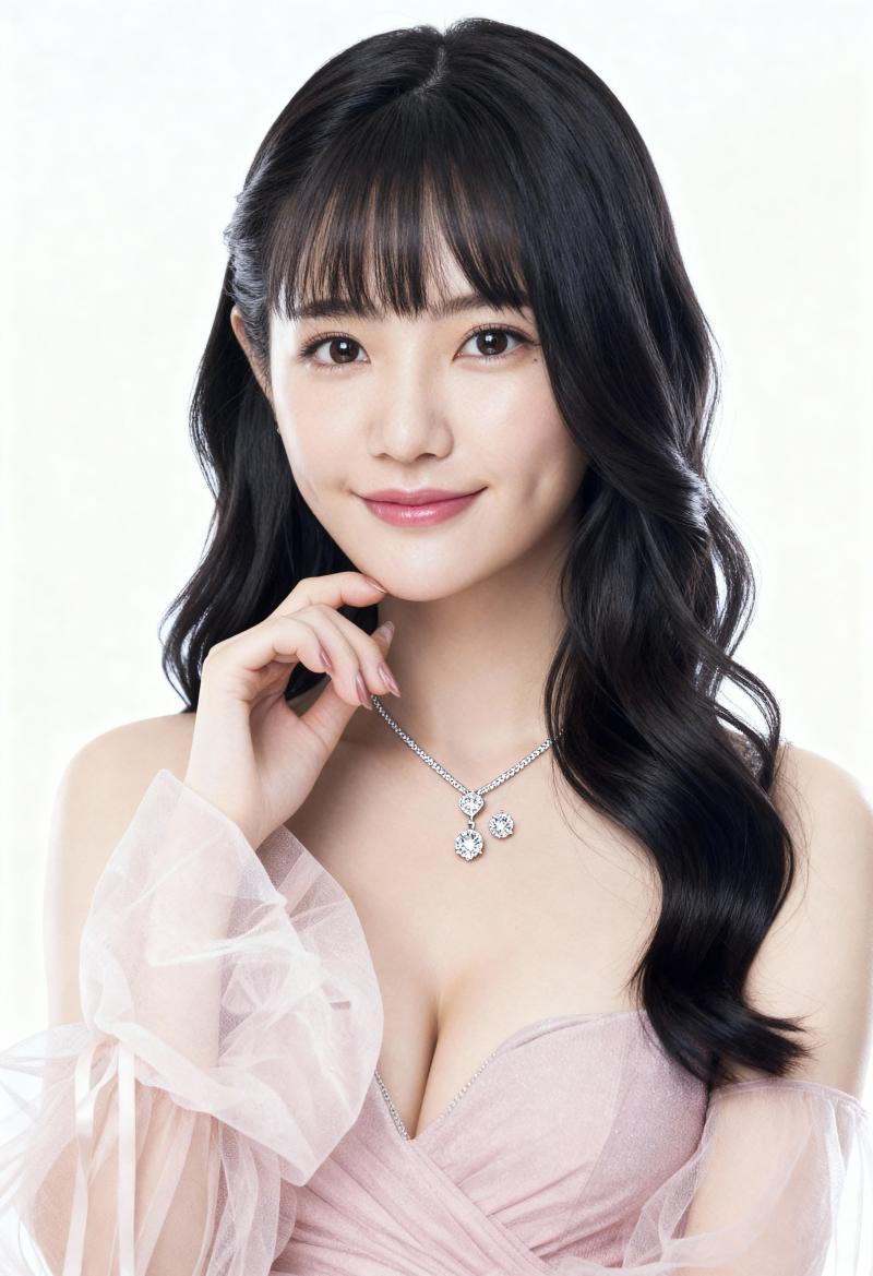 ウェーブのかかった長い黒髪と白い肌を持ち、薄手の袖が付いた繊細な淡いピンクのドレスと...。