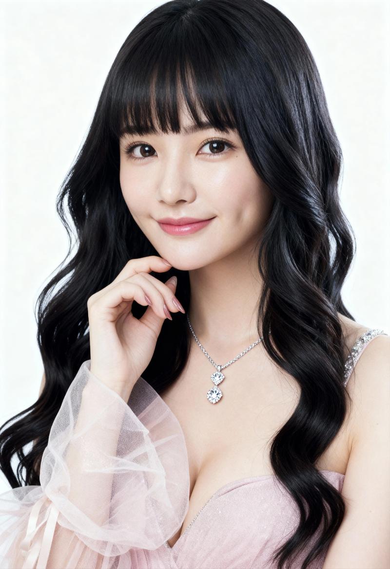 ウェーブのかかった長い黒髪と前髪を持ち、薄手の袖が付いた繊細なピンクのドレスとダイヤ...。