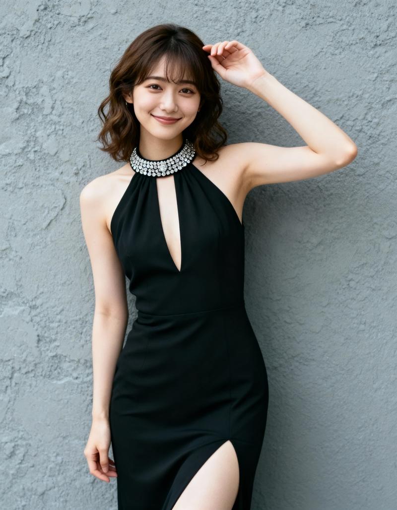 大きく開いたネックラインとサイドにスリットが入った黒いドレスを着て、テクスチャーのあ...。