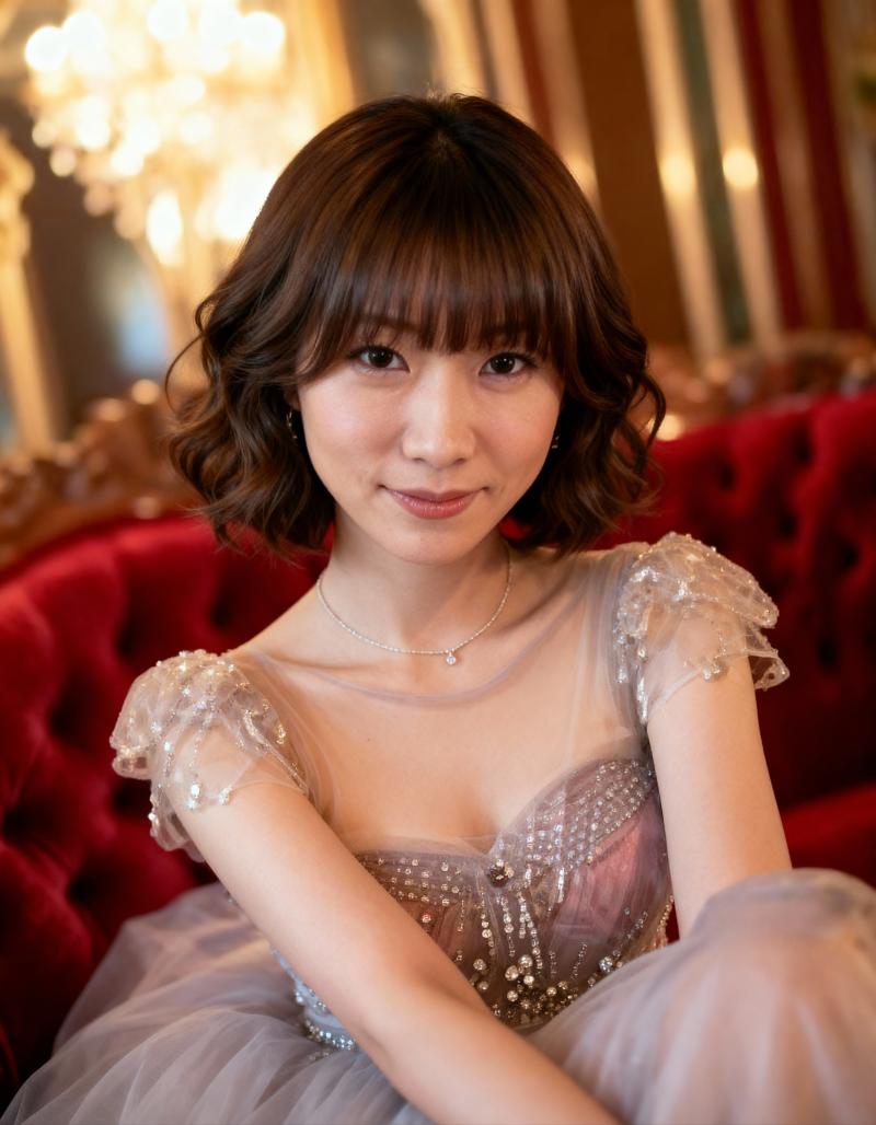 薄暗い部屋で豪華な赤いベルベットのソファに座っている若い女性のポートレート。