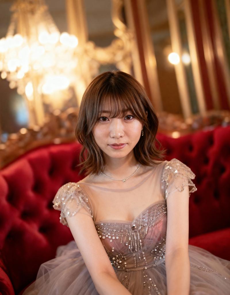 シャンデリアを背景にした豪華な部屋で、豪華な赤いベルベットのソファに優雅に座っている...。